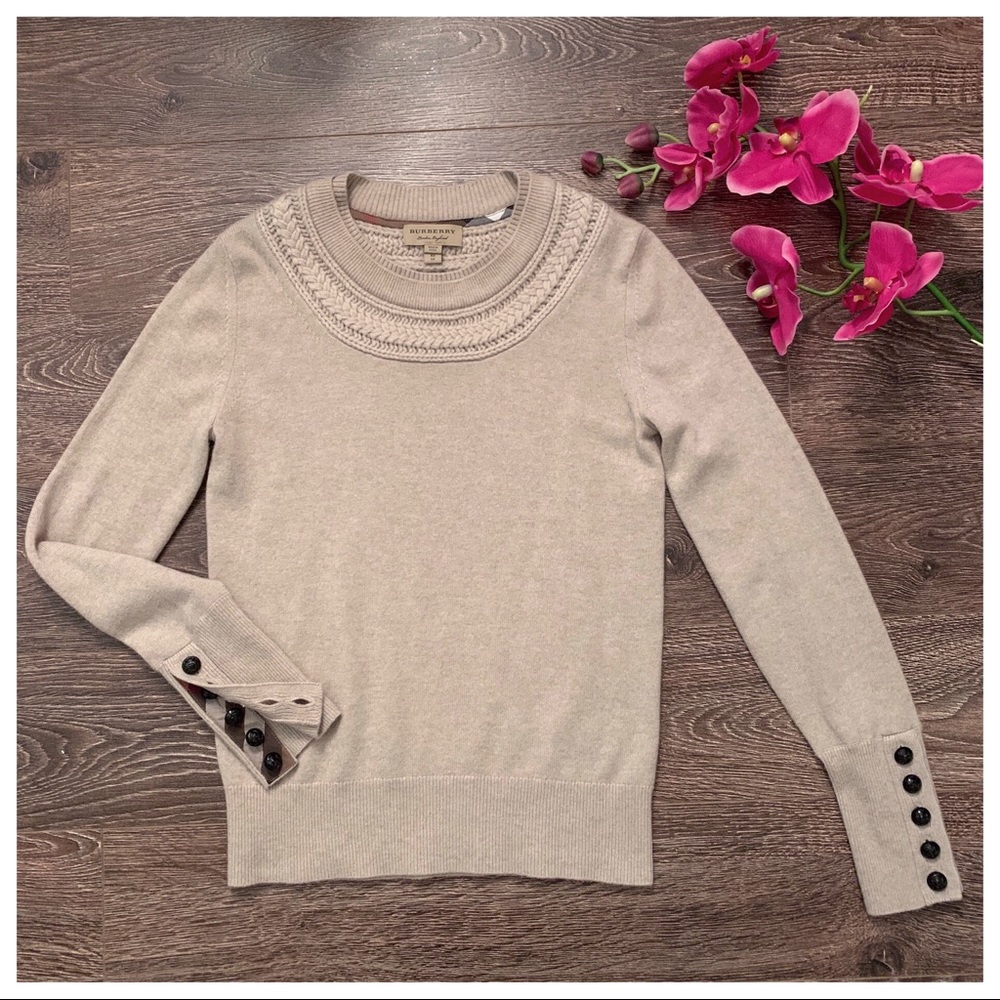 Burberry Cable Knit York Cashmere Sweater in Taupe Melange